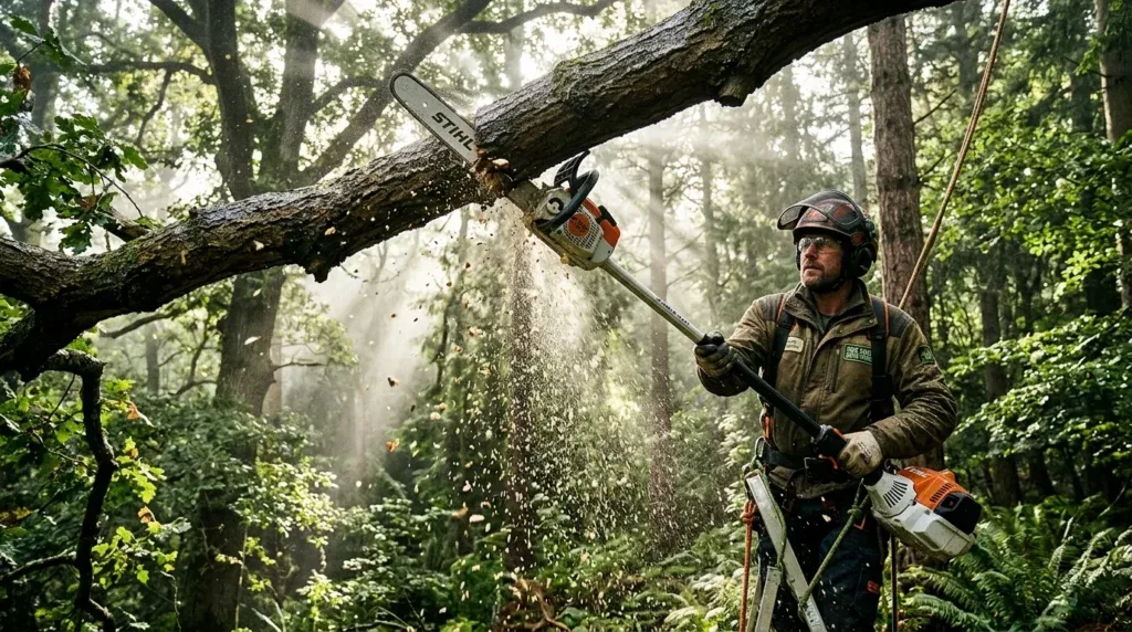 For this article, select a creative concept directly related to the topic, and create visuals with cinematic quality and the aesthetic of an editorial magazine cover, ensuring each composition is unique and distinct. The visuals must be in landscape format, with a 16:9 aspect ratio, and feature a wide, horizontal composition—vertical or square formats are strictly prohibited. Wide landscape format only, no portrait, no square.“Diving Deep into Gas Pole Saws: Unmatched Power and Endurance”