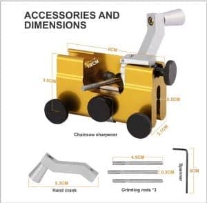 Dazone Chainsaw Sharpening Jig Kit accessories and dimensions