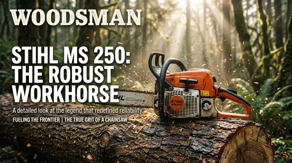 For this article, select a creative concept directly related to the topic, and create visuals with cinematic quality and the aesthetic of an editorial magazine cover, ensuring each composition is unique and distinct. The visuals must be in landscape format, with a 16:9 aspect ratio, and feature a wide, horizontal composition—vertical or square formats are strictly prohibited. Wide landscape format only, no portrait, no square.“Stihl MS 250: The Robust Workhorse”